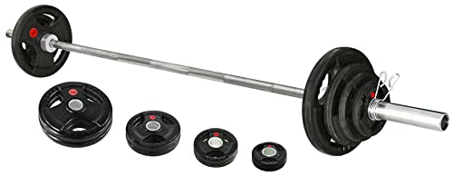Signature Fitness Cast Iron Olympic 2-Inch Weight Plates Including 7FT Olympic Barbell, 130-Pound Set (85 Pounds Plates + 45 Pounds Barbell), Multiple Packages, Style #4