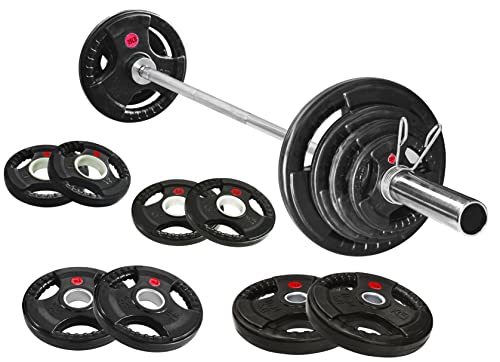 Signature Fitness Cast Iron Olympic 2-Inch Weight Plates Including 7FT Olympic Barbell, 130-Pound Set (85 Pounds Plates + 45 Pounds Barbell), Multiple Packages, Style #4