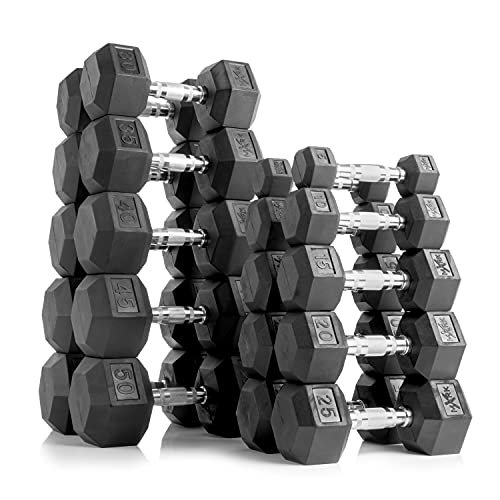 XMARK Rubber Hex Dummbell Weights Set, 10 Pair of Dumbbell Hand Weights, 5 lbs to 50 lbs With Dumbbell Storage Rack