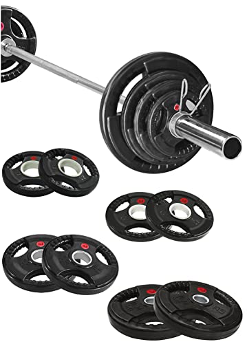 Signature Fitness Cast Iron Olympic 2-Inch Weight Plates Including 7FT Olympic Barbell, 130-Pound Set (85 Pounds Plates + 45 Pounds Barbell), Multiple Packages, Style #4