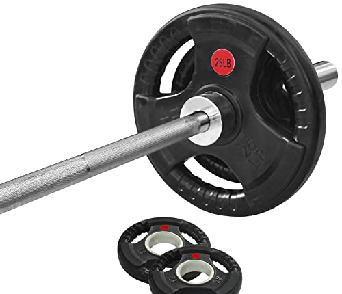 Signature Fitness Cast Iron Olympic 2-Inch Weight Plates Including 7FT Olympic Barbell, 130-Pound Set (85 Pounds Plates + 45 Pounds Barbell), Multiple Packages, Style #4