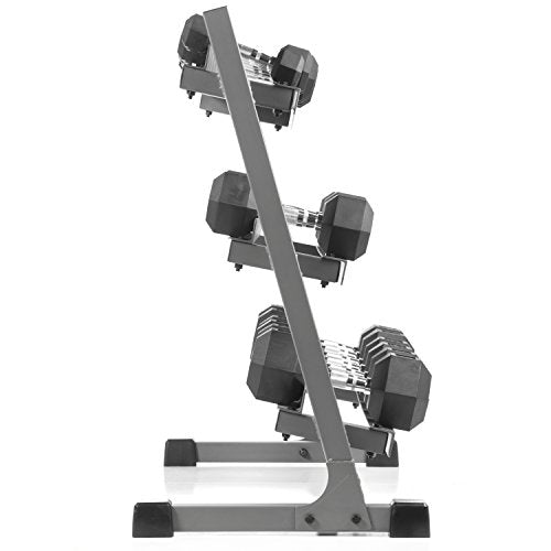 XMARK Rubber Hex Dummbell Weights Set, 10 Pair of Dumbbell Hand Weights, 5 lbs to 50 lbs With Dumbbell Storage Rack