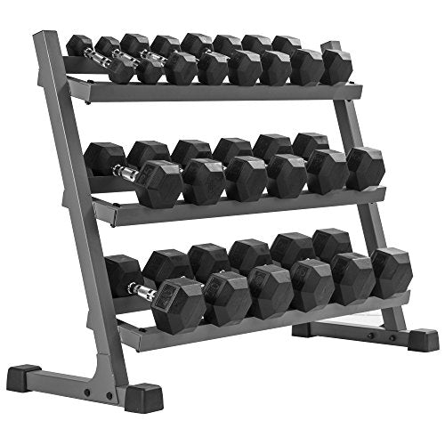 XMARK Rubber Hex Dummbell Weights Set, 10 Pair of Dumbbell Hand Weights, 5 lbs to 50 lbs With Dumbbell Storage Rack