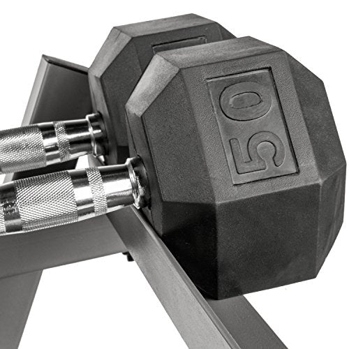 XMARK Rubber Hex Dummbell Weights Set, 10 Pair of Dumbbell Hand Weights, 5 lbs to 50 lbs With Dumbbell Storage Rack