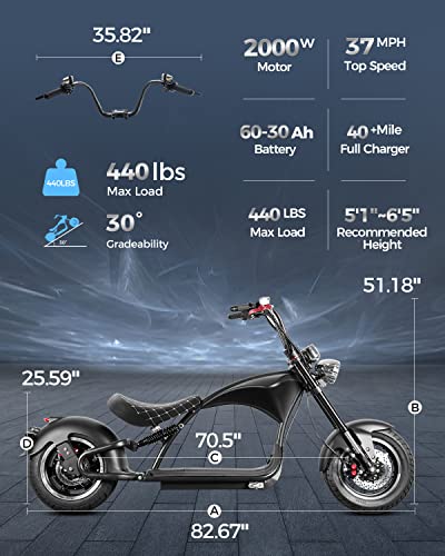 eAhora M1P [2024 Upgraded] 37Mph 2000W Electric Motorcycle for Adults DOT Approved, 40Miles 60V 30ah Lithium Battery, 12in Vacuum Tires Full Suspension for Urban Commuting, Electric Moped