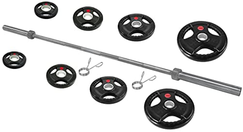 Signature Fitness Cast Iron Olympic 2-Inch Weight Plates Including 7FT Olympic Barbell, 130-Pound Set (85 Pounds Plates + 45 Pounds Barbell), Multiple Packages, Style #4